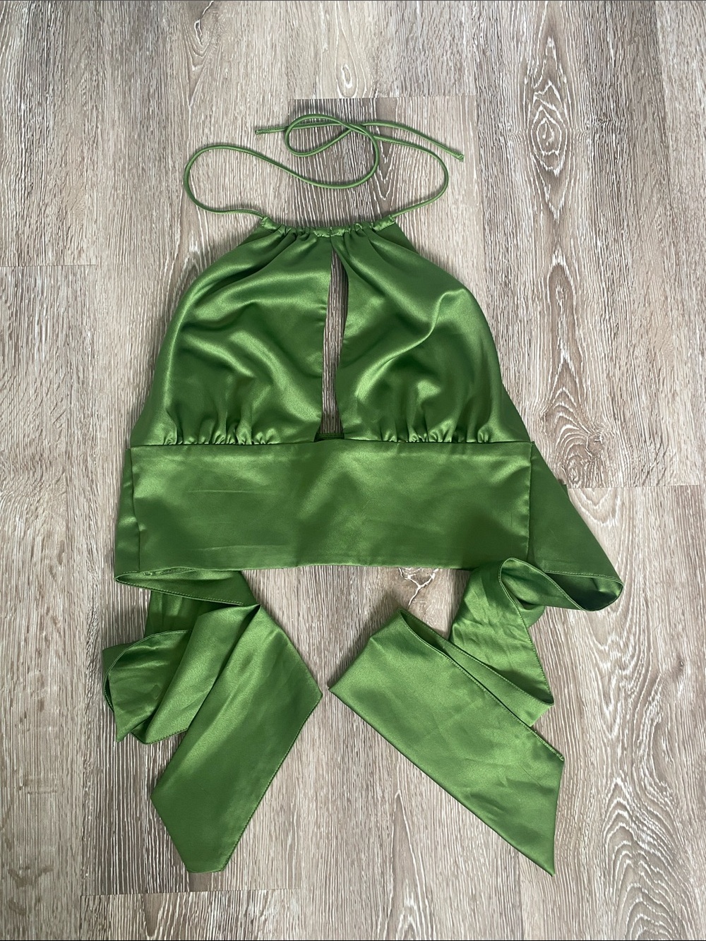 Dynamite Satin Green Halter Crop Top with Wrap Ties
